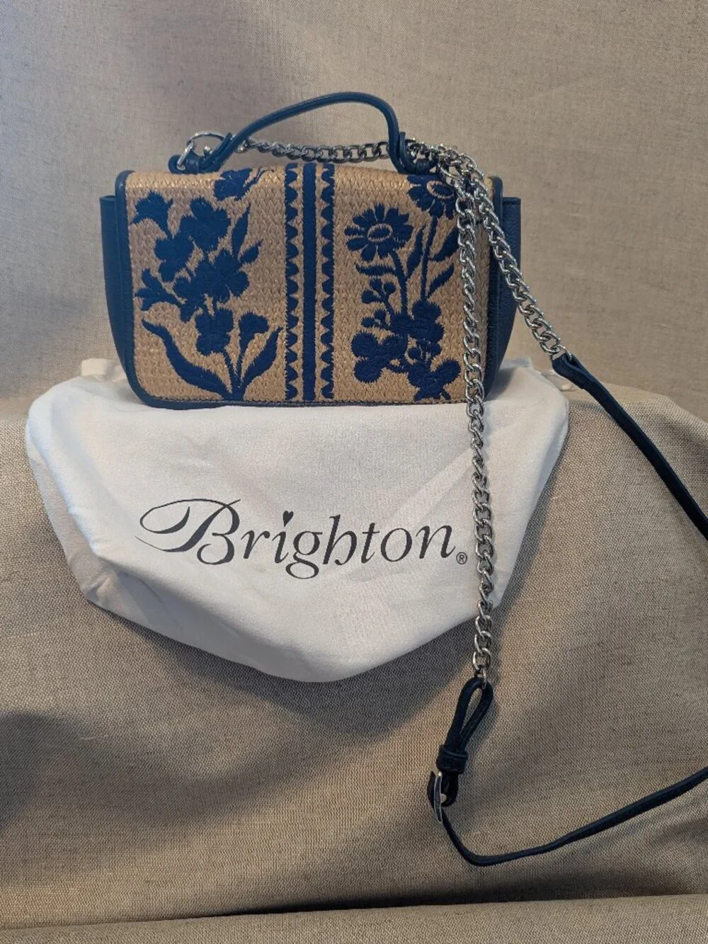 Brighton Blue Floral Embroidered Straw Crossbody Bag with Silver Chain - Picture 1 of 3
